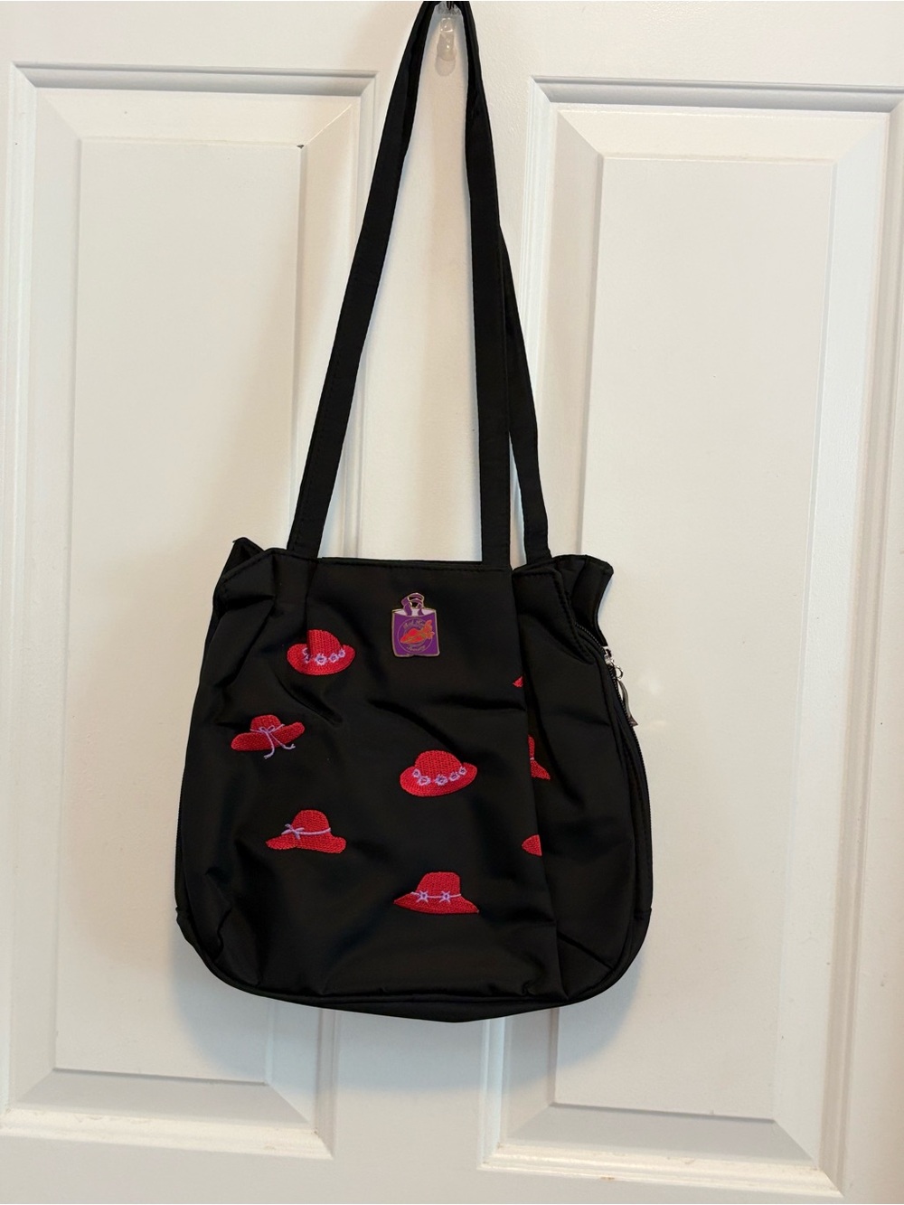 Vintage 90s Black Tote Bag with Red Hat Motif